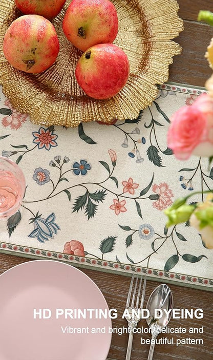 ISAENNE Designer Chinoiserie Elegant Linen Floral Table Runner 87 Inches Long,White Wrinkle Resistant Table Runners for Dining Tables,Thanksgiving,Kitchen Tables,Christmas,12"*87"-Daffy A