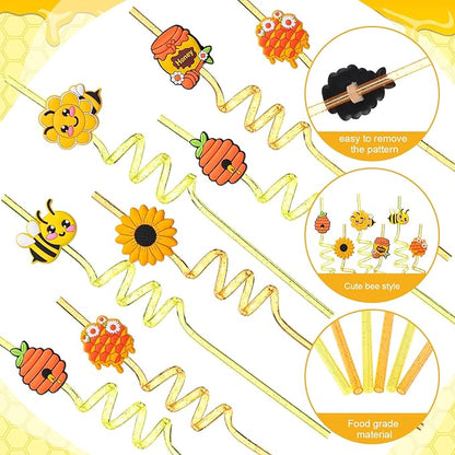 Yungyan 16 Sets Honey Bee Party Favors Goodie Cups with Lids and Straws for Birthday Decorations Reusable 16oz Plastic Candy Cups Plastic Straws for Birthday Party(Bee)