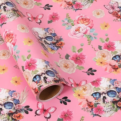 Aimyoo Gothic Wrapping Paper Roll, 17 Inch X 16.5 Feet Skull Floral Butterfly Design Gift Wrap Paper for Mother's Day, Birthday Bridal Shower