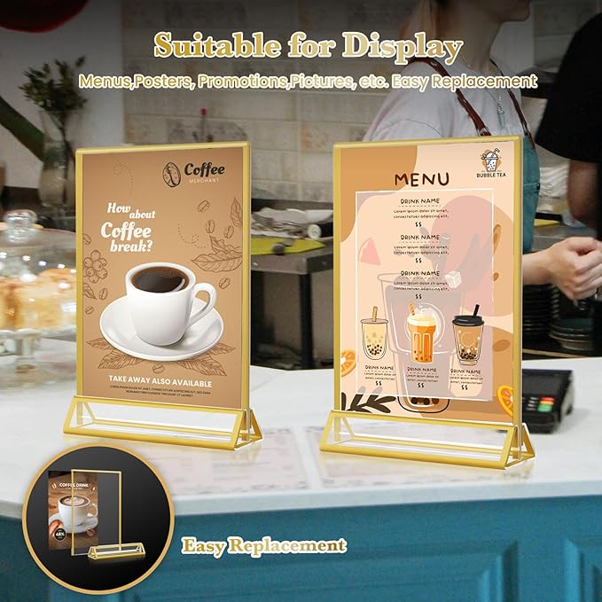 Acrylic Gold Sign Holders 5x7, 12 Pack Wedding Gold Table Number Holders, Double Sided Photo Display Picture Frame Paper Stand, Clear Flyer Stand Menu Holder for Wedding, Home, Party, Restaurant