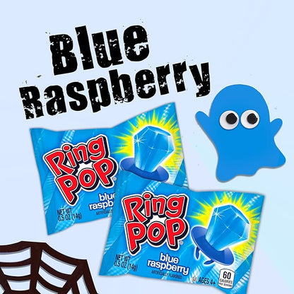 Ring Pop Individually Wrapped Blue Halloween Candy, 30 Ct Bulk Lollipop Pack, Raspberry Flavored Lollipop Suckers for Kids, Fun Candy Bulk for Trick or Treat, Halloween Bowls, Gifts, Party Favors