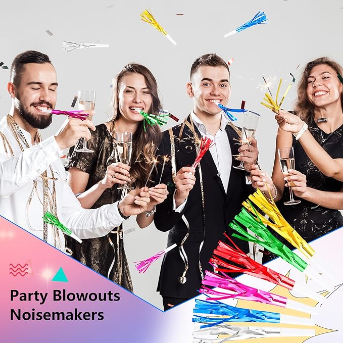 120 Pcs Glitter Bomb Noise Maker Gold Metallic Fringed Squawker Blowouts Silver Musical Blower Whistle for Birthday New Years Party Supplies Sporting Events Graduation (Multicolor Set 1)