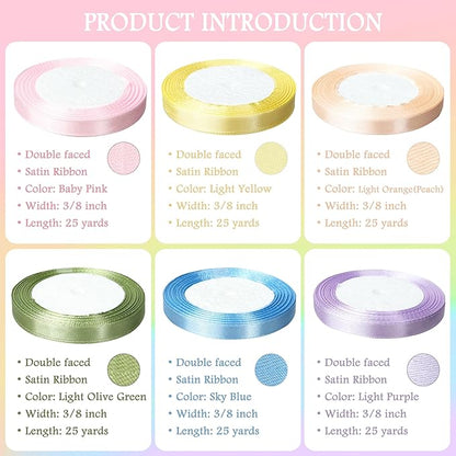3/8" 6 Colors X 25 Yards Light Rainbow Satin Ribbon,150 Yards Assorted Colors Satin Ribbons for Flower Bouquet,Ribbons for Gift Wrapping Happy Birthday Party Decorations