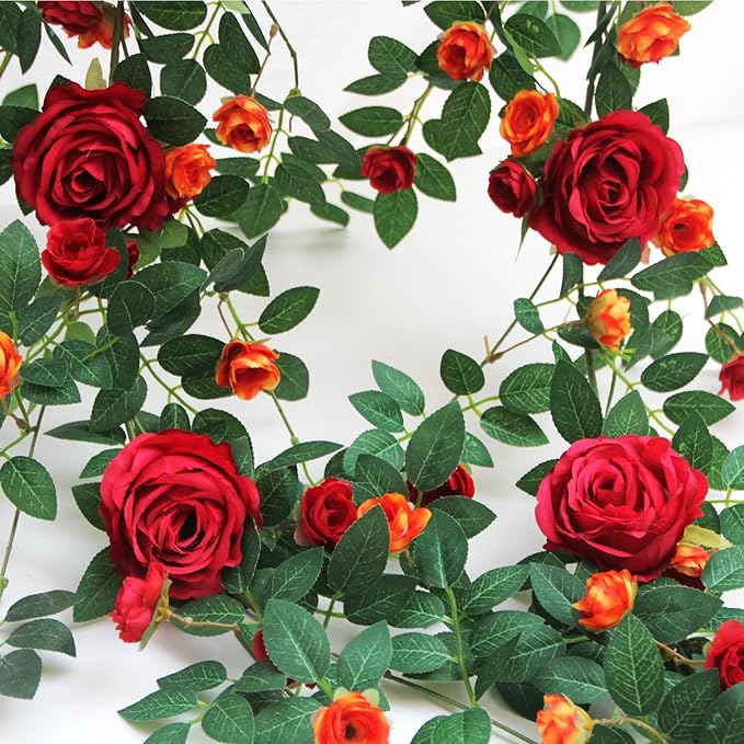 6FT Bendable Flower Garland, Artificial Rose Vine Hanging Floral Garland Decoration for Weding Home Room Wall Decor (Red, 1pcs)
