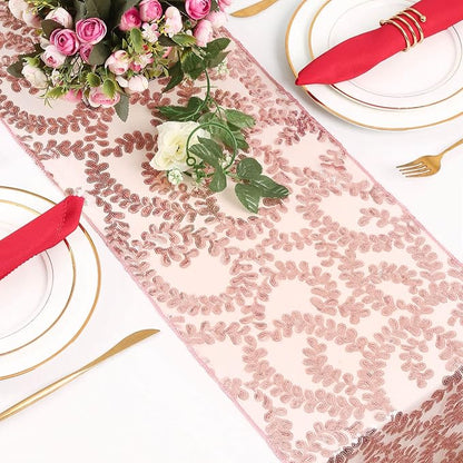 Sequin Table Runners 2 Pieces Rose Gold Flower Table Runners 12x72 Inch Glitter Dining Table Cover for Party Wedding Birthday Reception Banquet Decoration Spring Party Chair Sashes