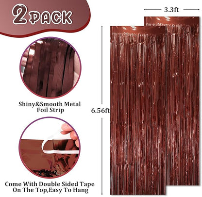 2 Pack Brown Foil Fringe Backdrop Curtains, Tinsel Streamers Party Decorations, Fringe Backdrop, Door Shimmer for Thanksgiving Day or Birthday Party