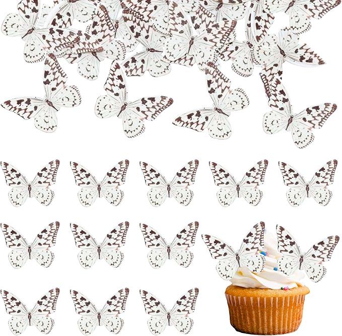 Ephlyn 48Pcs Edible Wafer Paper Butterflies for Cupcake Toppers Picks Edible Butterfly Cake Decorations for Wedding Birthday Party Butterfly Theme Baby Shower Kids Birthday Party Cake Supplies Coffee