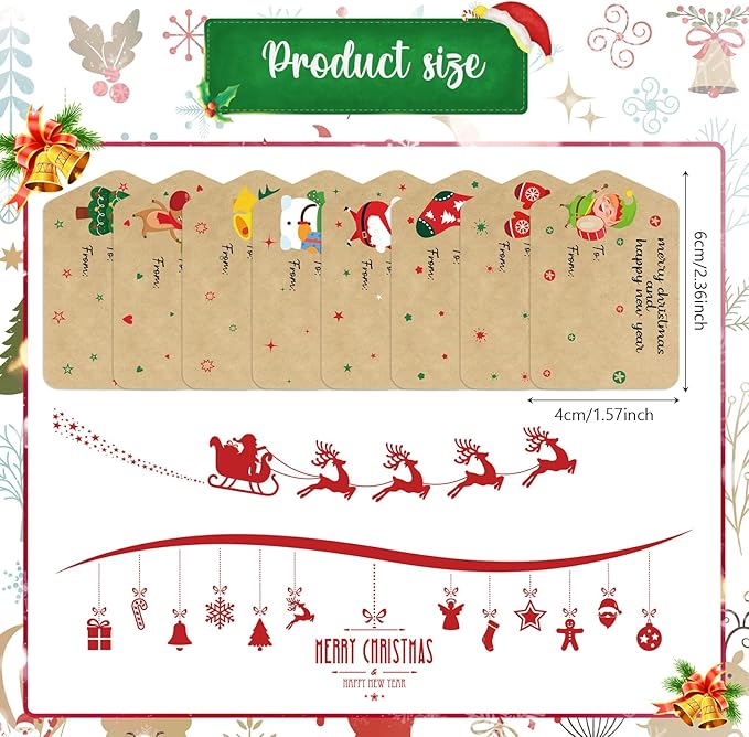 Zonon 720 Pieces Self Adhesive Christmas Gift Tag Xmas Kraft Name Tags Natural Kraft Xmas Stickers Paper Tags Labels for Christmas Decoration(Classic Style)