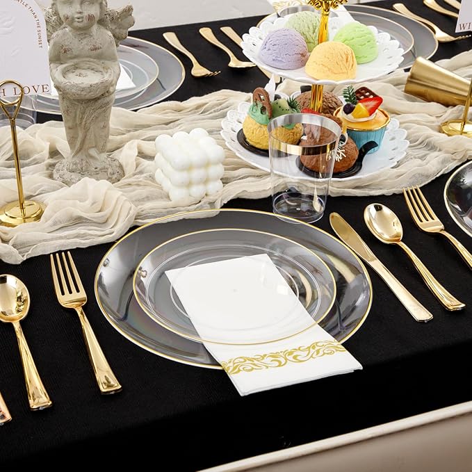 Supernal 350PCS Clear and Gold Plastic Dinnerware Set Include Clear Disposable Plates, Gold Plastic Silverware Heavy Duty, Cups and Napkins for Birthday, Weddings, Parties