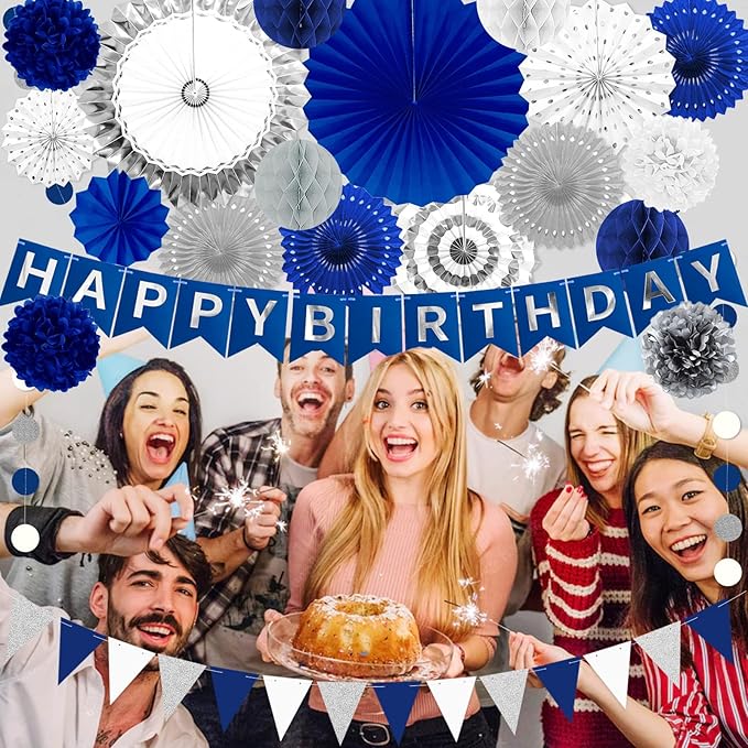 Navy Blue and Silver Happy Birthday Party Decoration 24Pcs Hanging Paper Fans Pom Poms Flowers, Garland String Polka Dot, Happy Birthday Banner for Boy Birthday Baby Shower Blue Birthday Decorations