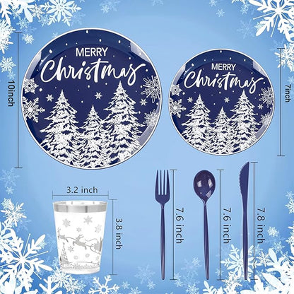 Supernal 150pcs Christmas Dinnerware Set - Blue and White Plates With Trees Design, Blue Silverware, Santa and Moose Silver Cups for New Year