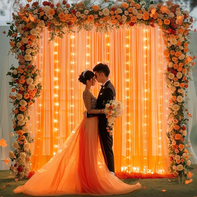 Orange Tulle Backdrop Curtain with Lights String for Parites 10x8ft Sheer Backdrop Curtains Drapes for Birthday Party Baby Shower Wedding Ceremony Prom Halloween Photo Booth Background Decorations
