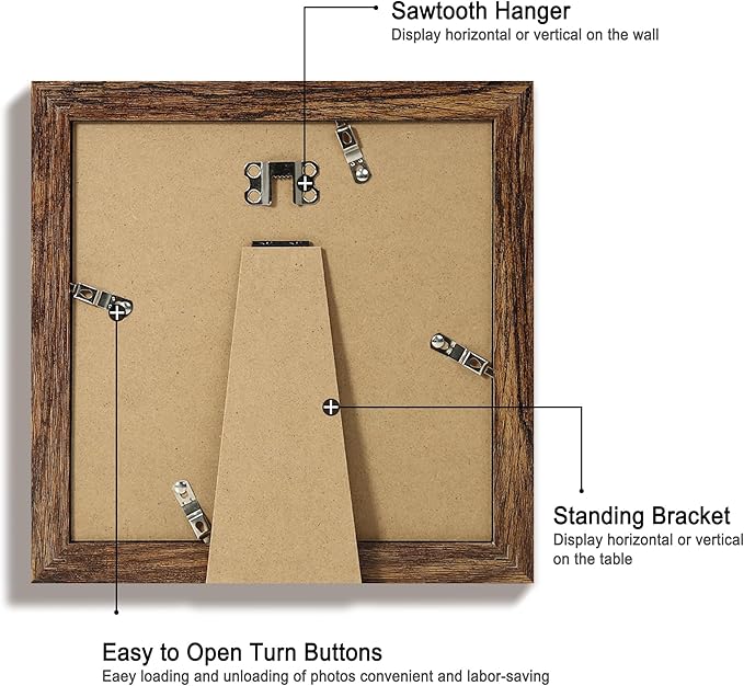 8x8 Picture Frame Set of 4 with HD Glass, Display 6x6 Pictures with Mat or 8 x 8 Without Mat, Rustic Wood Photo Frame for Wall Mount and Tabletop Display