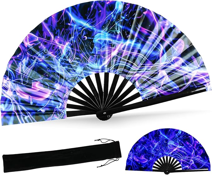 SYNTECSO Folding Hand Fan for Rave, Popping Fan for Line Dancing, Drag Queen, Women and Men Gift，Chinese Japanese UV Glow Clack Fan for Parties, Music Festivals, EDM and Decoration