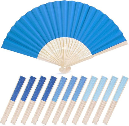 JOHOUSE 12Pcs Blue Paper Folding Hand Fans, 8.3 Inch Handheld Portable Decorative Fans for Wedding, Outdoor Party Favors, Baby Shower Decorations DIY Crafts Photography Prop