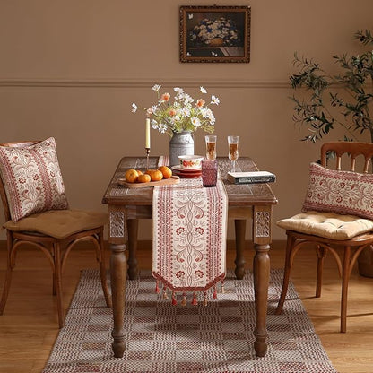 ISAENNE Designer Vintage Linen Table Runner 71 Inches Long,Red Floral Pattern Modern Decor Table Runners for Dining Tables,Thanksgiving,Kitchen Tables,Christmas,Banquet,12"*71"-Chamonix A