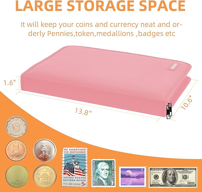 Coin Collection Book Holder for Collectors, 300 Pockets Fireproof Coins Collecting Album & 36 Sleeves Money Storage Case for Coin Currency Collection Supplies, Bill, Pennies, Quarters, Stamp,Pink