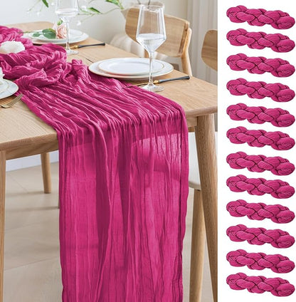 Asee'm 12pcs Cheesecloth Table Runner 120 Inches Long Fuchsia Boho Gauze Cheese Cloth Runner 10FT Rustic Sheer Table Runners for Christmas Wedding Party Baby Shower Spring Easter Decoration