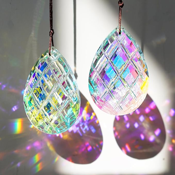 HDCRYSTALGIFTS Set 2 Crystal Sun Catcher Prisms Pendant for Window Hanging Decor,3inch AB Colored Crystal Suncatchers Rainbow Maker Light Catcher for Home Indoor Garden Ornament