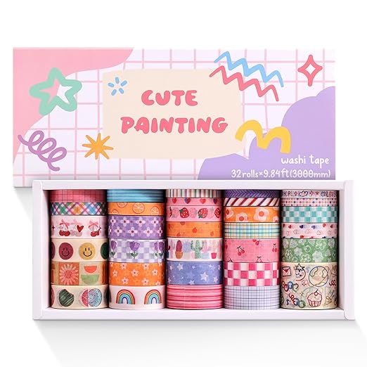 32 Rolls Colorful Cute Floral Writable Washi Tape Set, Decorative Tapes for Scrapbooking and Journaling, Junk Journal Supplies, Bullet Journaling for Women Girl 5-30mm Wide 9.84ft Long/Roll