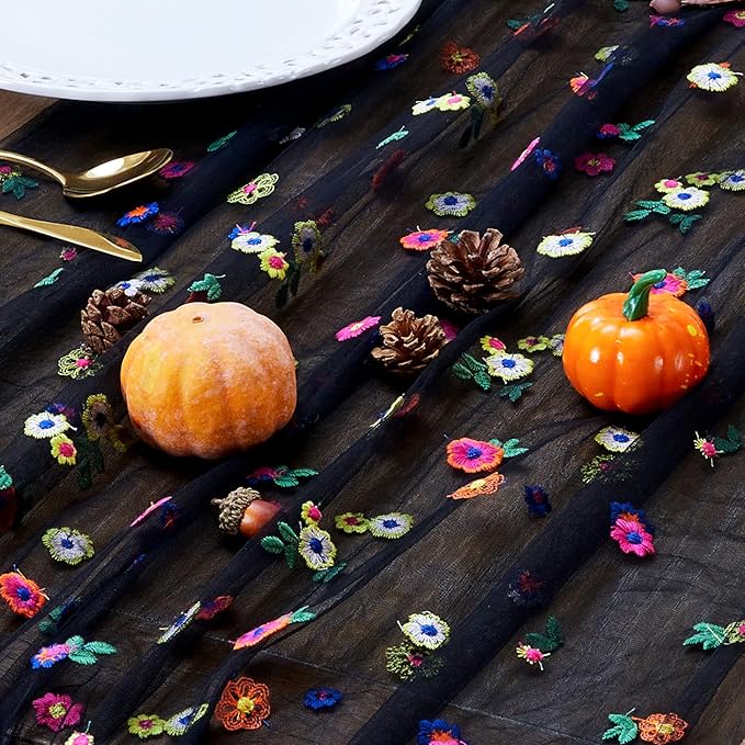 JIALE 3 Pack Black Floral Table Runner, Embroidery Daisy Seasonal Table Decorations, 120Inch 10FT Tulle Fabric for Home Decor, Bridal Shower Wedding, Baby Shower Parties, DIY Craft