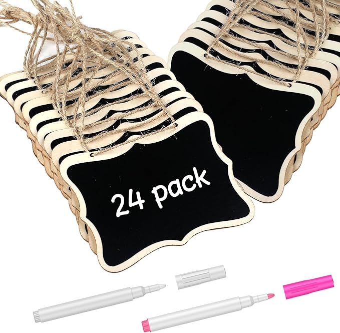 Uniclife 24 Pack Mini Chalkboard Signs for Food, Small Chalkboard Signs with Strings Chalk Markers & Replacement Stickers, Hanging Chalkboards Sign Reusable Wooden Food Labels for Party Buffet Wedding