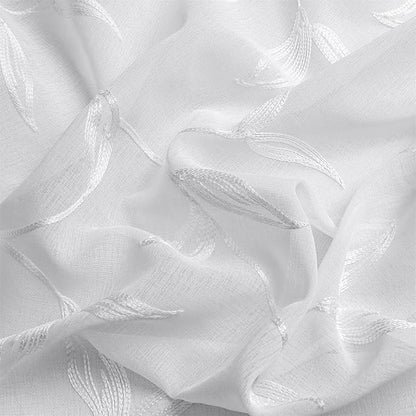 VISIONTEX White Sheer Voile Curtains, Decorative Leaves Embroidery Faux Linen Rod Pocket Window Drapes for Home Kitchen, Living Room and Bedroom 26 x 36 Inch, Set of 2 Curtain Panels