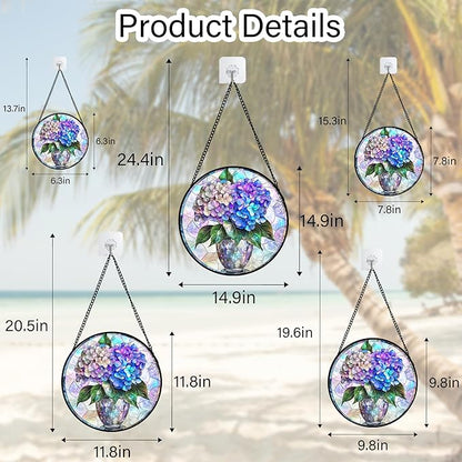 Stained Glass Window Hanging, Blue Purple Hydrangea Flowerpot Suncatcher for Doors Home Sun Catchers Decoration and Christmas, Mother's Day Birthday Gifts for Women, Men, and Mom 9.8 in