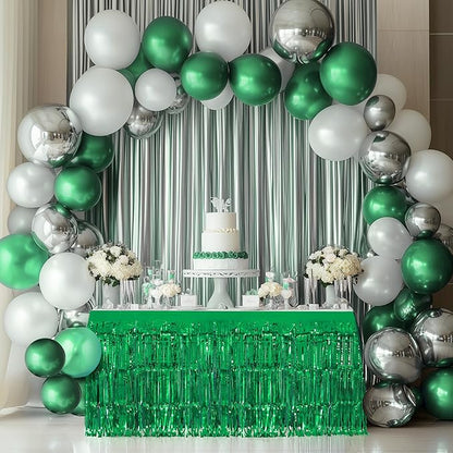 2 Pack Red Green Table Skirts, 29x108" Metallic Foil Tinsel Fringe Table Skirt for Rectangle Tables Streamer Curtains Backdrop, Party Decorations for Birthdays, Weddings, Holidays