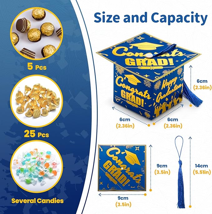 COTOPHER 36 Pack Mini Graduation Cap Gift Boxes, Class of 2025 Graduation Candy Boxes with Tassel, Small Treat Chocolate Box Centerpieces for Tables Party Decorations Graduate Favors Supplies