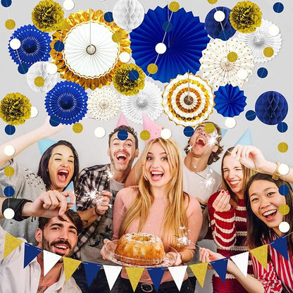 Blue and Gold Party Decorations - 23Pcs Navy Blue White Gold Baby Shower Birthday Decor for Men Boy Kids with Hanging Paper Fans, Pom Poms Flowers, Garland String Polka Dot Packs