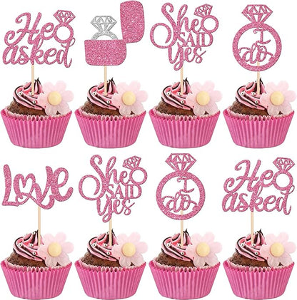 30 PCS He Asked She Said Yes Cupcake Toppers Diamond Ring Cupcake Picks Love I Do Cake Picks for Wedding Enaggement Bridal Shower Party Cake Decorations Supplies Pink