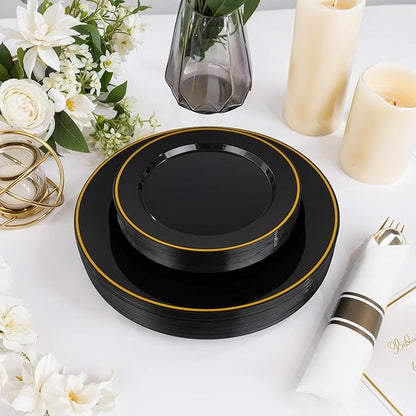 SUT 175 Pcs Black and Gold Plastic Dinnerware Set for 25 Guests, Include: 25 Dinner Plates, 25 Dessert Plates, 25 Pre Rolled Napkins With Silverware, 25 Cups, Disposable Plates for Halloween, Party