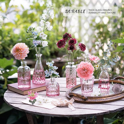 12Pcs Glass Bud Vase Set, Small Flower Vase for Centerpieces, Pink Bud Vases in Bulk, Mini Vintage Vase for Rustic Wedding Decorations