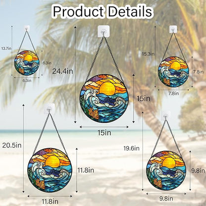 Stained Glass Window Hanging, Orange Sun Blue Sea Waves Landscape Suncatcher for Doors Window Home Sun Catchers Decor Mother's Day Birthday Gifts for Women, Men Mom 9.8 in