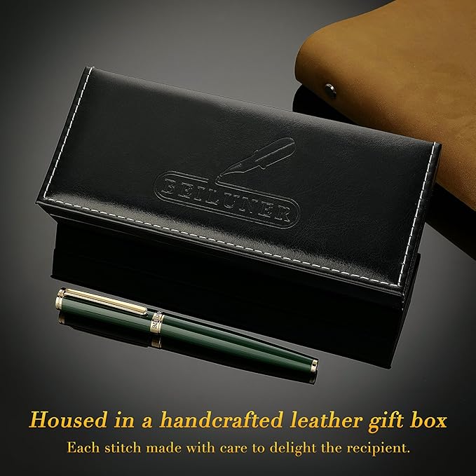 BEILUNER Racing Green Fountain Pen,Stunning Luxury Pens with 24K Gold Finish, Gorgeous 24K Gilded Nib(Medium), Fancy Pen Gift for Men&Women -Ink Converter-Christmas, Office,Fancy,Nice Pen for Writing