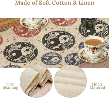 Yin Yang Table Runner, Vintage Mid Century Traditional Oriental Koi Fish Mystical Celestial Moon Stars Print Table Runner for Kitchen Dining Table Party Decor, 13x108inch