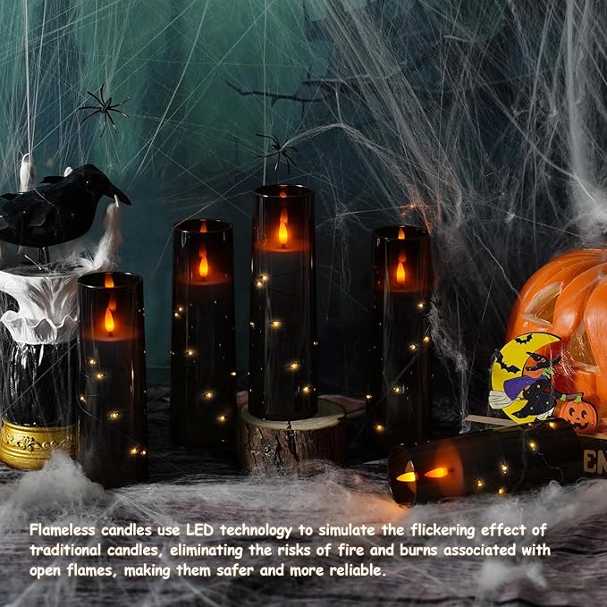 Flickering Flameless LED Candles, 9 Pcs with Embedded Star String, Acrylic LED Pillar Candles with Remote, Suitable for Home Decoration (Black)
