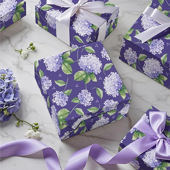 WRAPAHOLIC Kraft Hydrangea Floral Wrapping Paper Roll - Mini Roll - 17 Inch x 16.5 Feet - Blue Hydrangea Flower Wrapping Paper for Wedding, Birthday, Bridal Shower, Tea Party