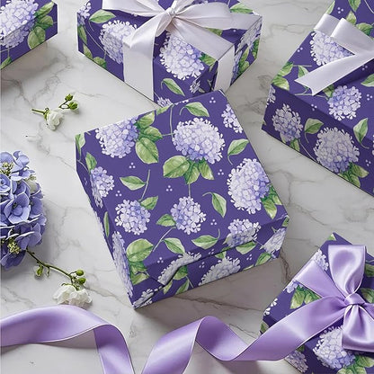 WRAPAHOLIC Kraft Hydrangea Floral Wrapping Paper Roll - Mini Roll - 17 Inch x 16.5 Feet - Blue Hydrangea Flower Wrapping Paper for Wedding, Birthday, Bridal Shower, Tea Party