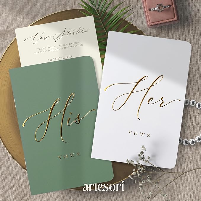 ARTESORI Wedding Vow Book for Her & Him, Soft Touch, Gold Engraving, 28 Lined Pages, Wedding Vow Books His and Hers, Wedding Essentials, Wedding Registry Gifts, His and Hers Gifts [White & Sage]