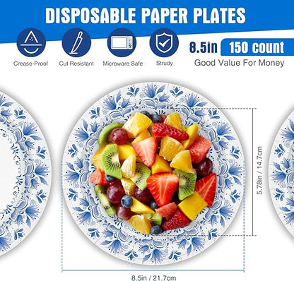 Charmount Blue Flower Printed Paper Plates - Bulk 8.5 Inch, 150pcs, Soak & Cut Proof for Parties & Daily Use