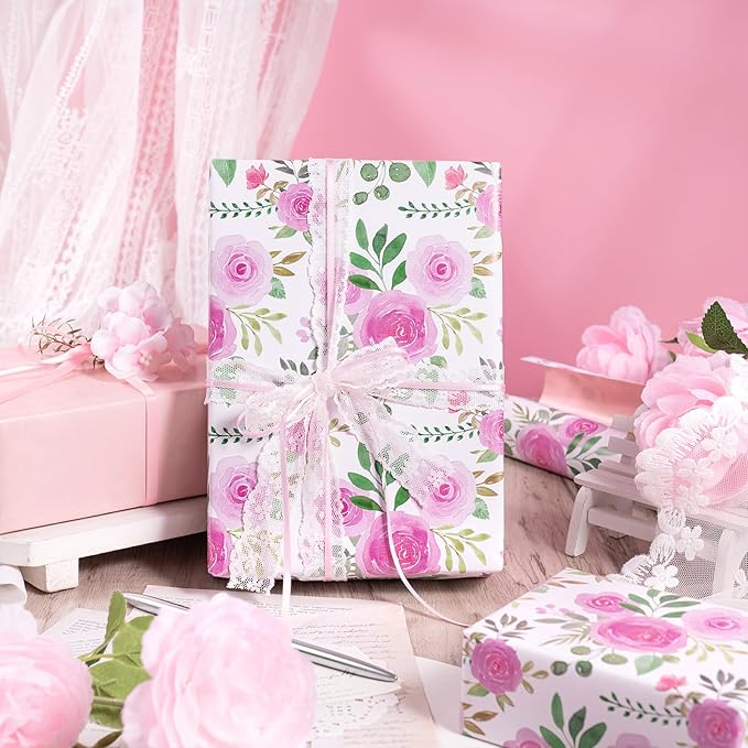 RUSPEPA Reversible Floral Wrapping Paper Roll, Mini Roll, Pink Rose Blossom Design and Pink Solid Color, Elegant Gift Wrap for Birthday, Wedding, Mother's Day, Bridal Shower, 17 Inches x 16.4 Feet