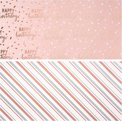 LeZakaa Reversible Pink Birthday Wrapping Paper Roll for Girls Women, Happy Birthday Lettering & Stripe Pattern with Metallic Foil in Pink, Large Roll, 30 inches x 32.8 Feet (92.9 sq.ft.)
