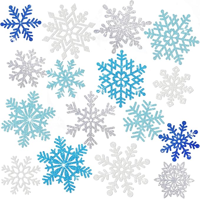 Winter Snowflake Cutouts Glitter Paper Decorations - 50Pcs Blue and Silver Double-Side Christmas Cutouts for Holiday Winter Wonderland Bulletin Board, Frozen Party Decor