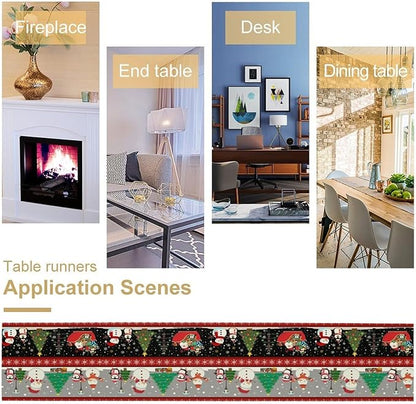 Christmas Table Runner,Cartoon Snowman Tree Xmas Deer Elk Santa Claus Print Tablecloth Burlap for Hotel Indoors Outdoor Dining Room Kitchen Home Decor,W13X L80 in