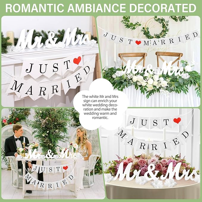 White Wooden Mr and Mrs Signs for Wedding Table, Wooden Wedding Table Signs for Ceremony and Reception - Centerpiece Decorations with Just Married Banner Gifts