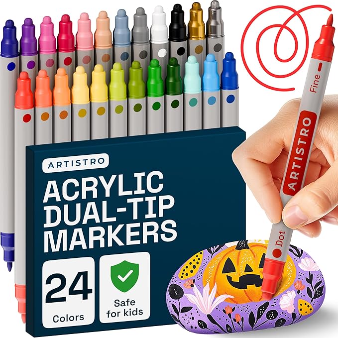 ARTISTRO Acrylic Paint Markers for Rock, Fabric, Wood, Glass, Craft - 24 Quick Dry Dual-Tip Paint Pens for Halloween Decorations - Pumpkin Painting Kit, Drawing Markers, Art Supplies, Christmas Gift