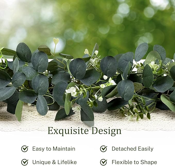 Eucalyptus Garland, 2 Packs 6FTGreen Flower Garland Decor, Artificial Faux Eucalyptus Leaves Greenery Vines for Table Runner Wedding Bedroom Mantle Centerpieces Backdrop Decorations
