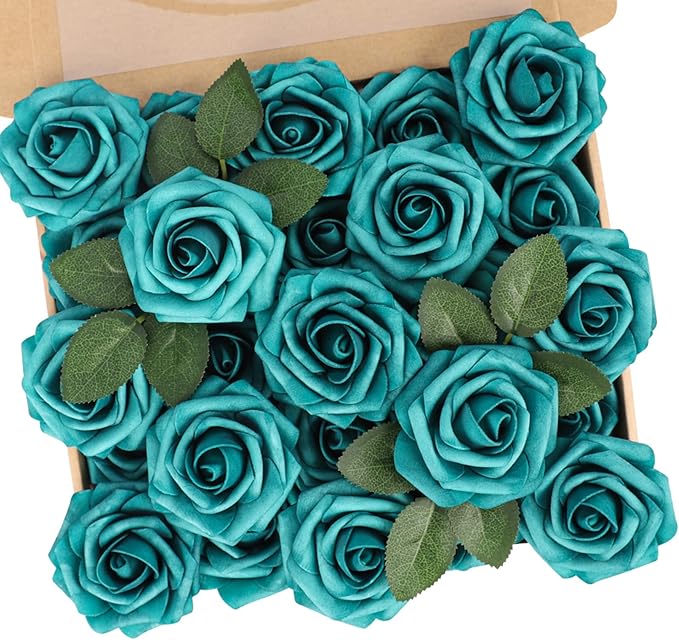 N&T NIETING Artificial Flowers Foam Roses 25 pcs Peacock Green Fake Roses w/Stem for DIY Home Decor Indoor Outdoor Centerpieces Arrangements Bouquets